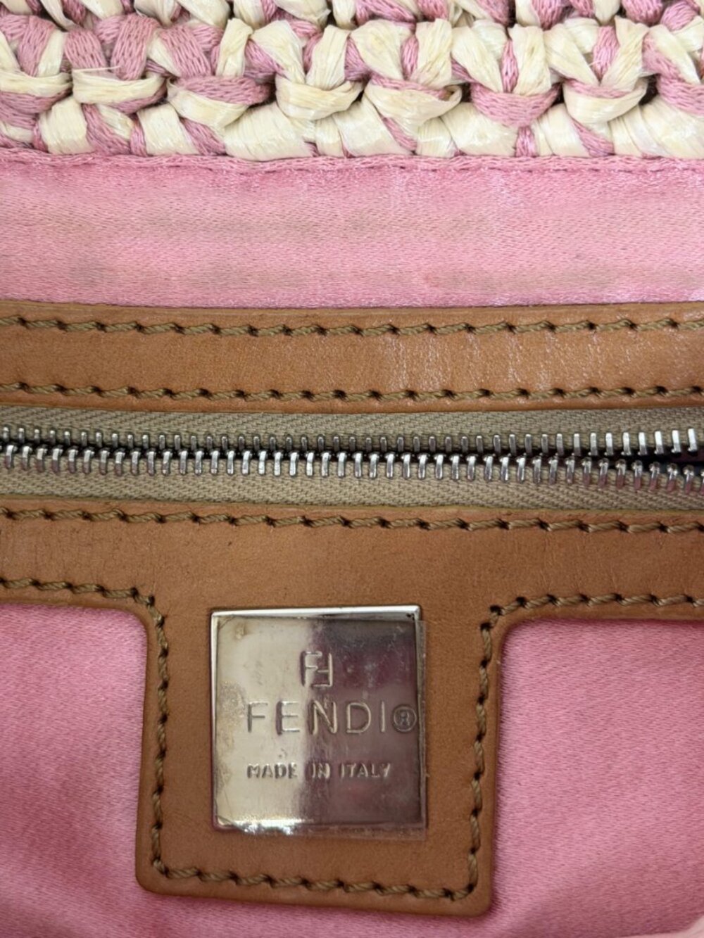 Fendi Pink Crochet Raffia Baguette Silver Hardware Leather Trim Authentic - Picture 8 of 10